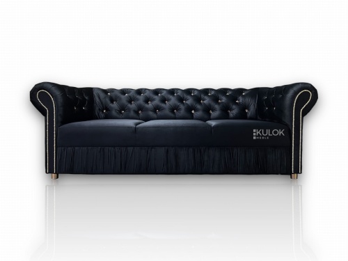 Luksusowa czarna sofa glamour z funkcją spania, złote kryształy, styl gold-black.