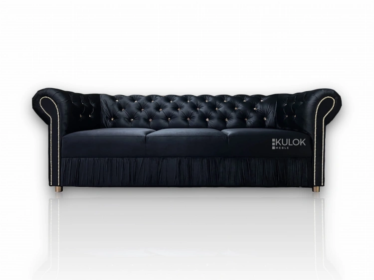 Luksusowa czarna sofa glamour z funkcją spania, złote kryształy, styl gold-black.