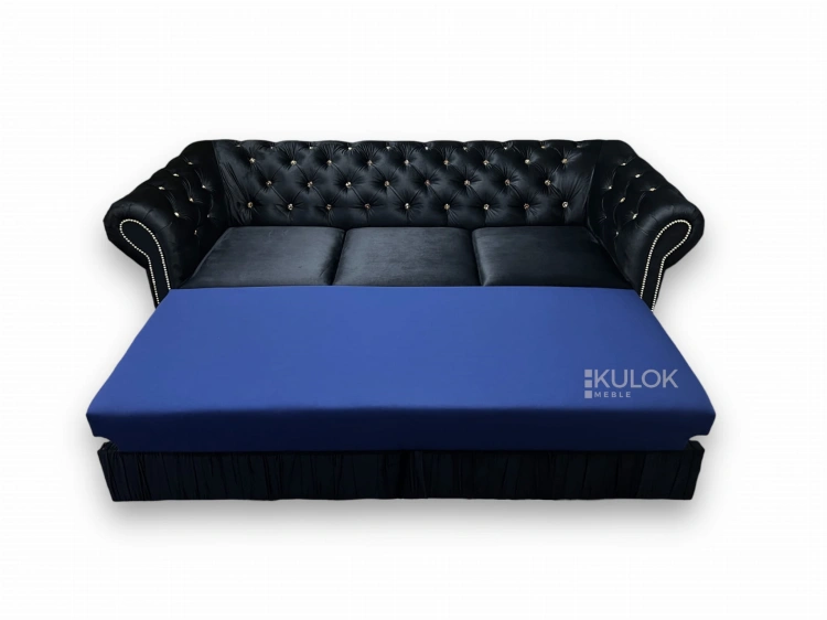 Sofa glamour 3 osobowa w czarnym welurze, marszczona tkanina i złote kryształki, rozkładana.
