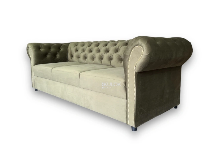 Pikowana sofa chesterfield zielona oliwka Royal Velvet