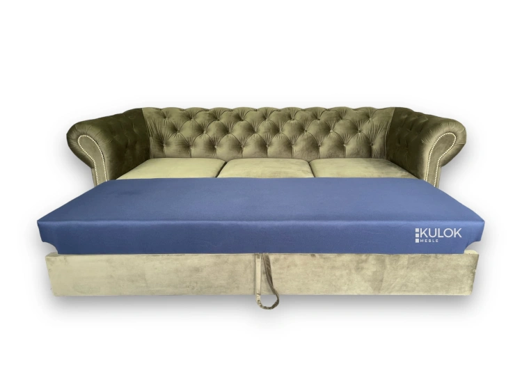Klasyczna sofa chesterfield khaki oliwkowa z funkcją spania