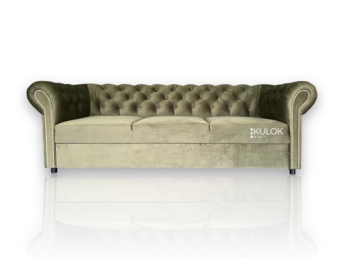 Klasyczna sofa chesterfield khaki oliwkowa Royal Velvet z funkcją spania