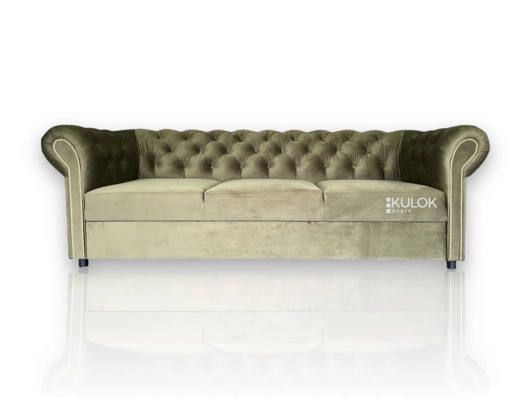 Klasyczna sofa chesterfield khaki oliwkowa Royal Velvet z funkcją spania