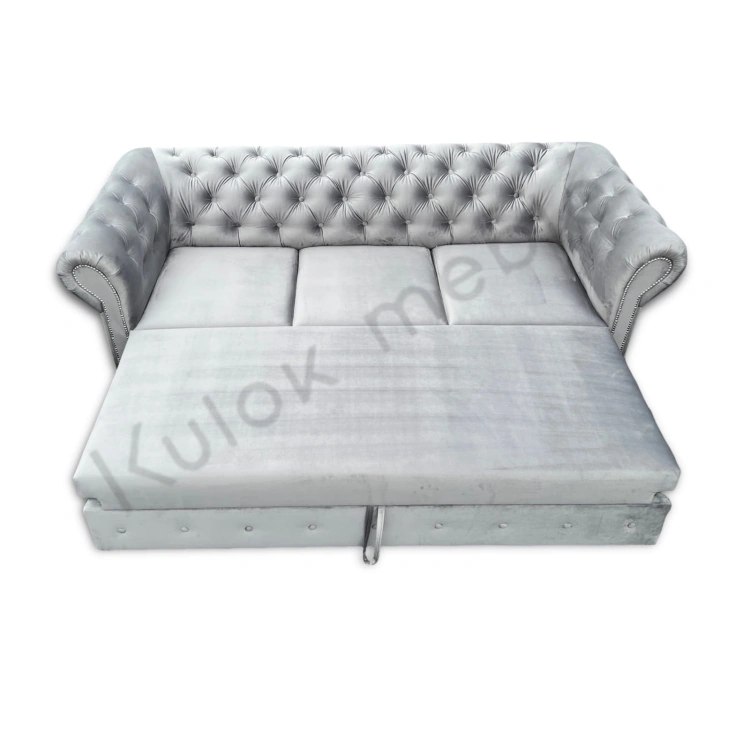 Ręcznie Pikowane Detale - Szara Sofa Chesterfield Magic Velvet 2240 z funkcją spania