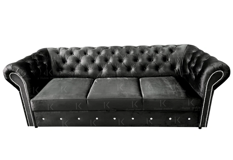 Sofa Chesterfield French Velvet 685 - Lśniący Czarny Design z Kryształkami