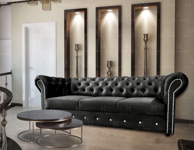 Czarna Sofa Chesterfield z Tkaniny French Velvet 685 - Subtelny Błysk Kryształków Swarovski w salonie