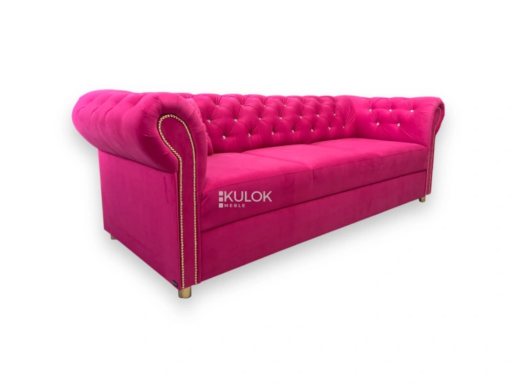 Różowa sofa chesterfield glamour Tokyo - 225 cm z kryształkami