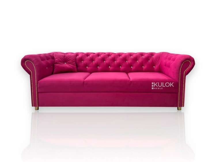 Sofa różowa glamour 3-osobowa Tokyo - z kryształkami i złotymi ćwiekami