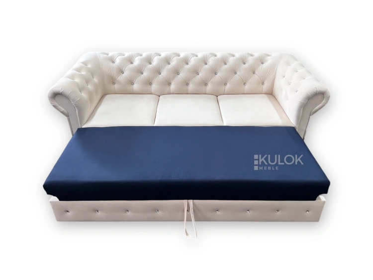 Sofa glamour 225 cm z kryształkami i funkcją spania