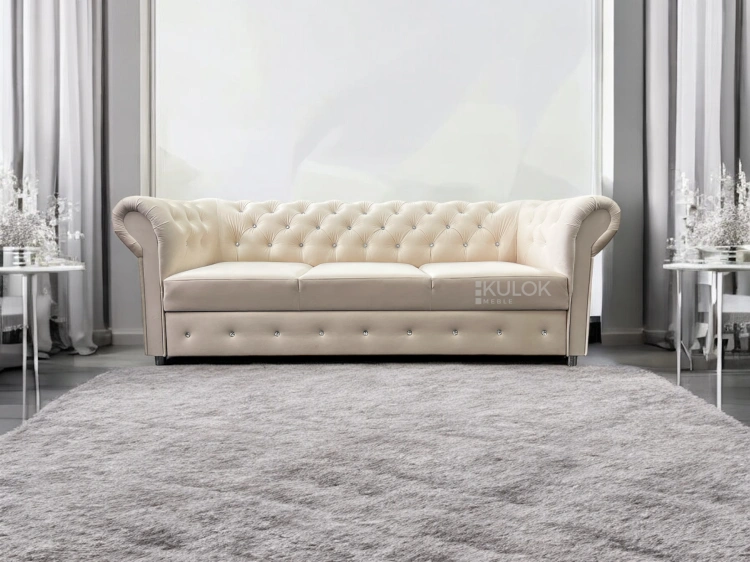 Luksusowa beżowa sofa glamour chesterfield z funkcją spania