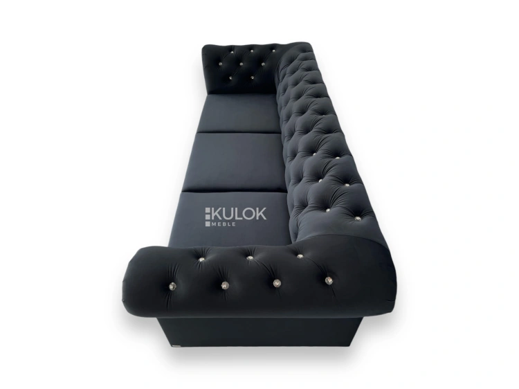Designerska kanapa glamour, 225 cm, czarny welur, srebrne cekiny, funkcja spania.