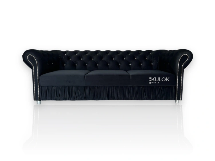 Czarna sofa glamour 3-osobowa z funkcją spania delfin, welur premium Amor Velvet.