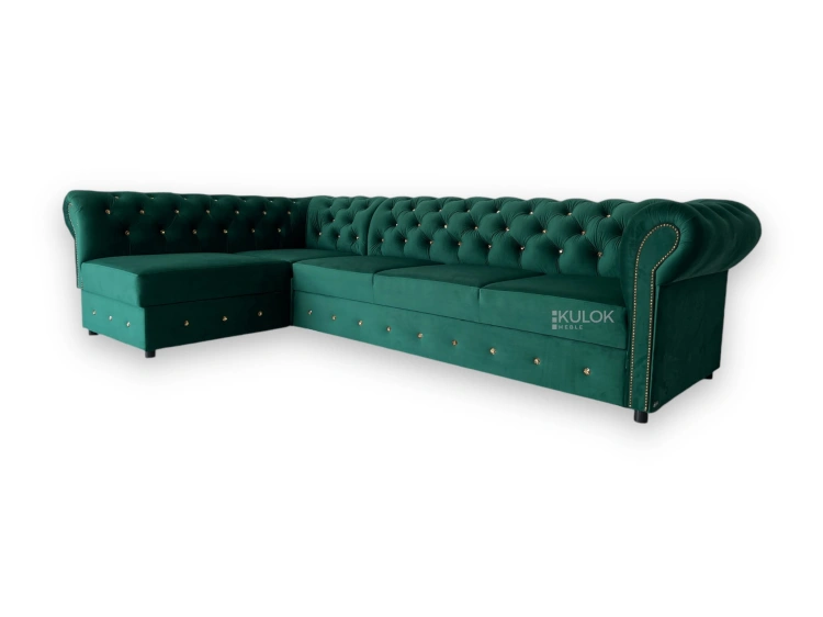 Narożnik chesterfield butelkowa zieleń z funkcją spania, pikowany złotymi kryształami, pojemnik na pościel, Magic Velvet.