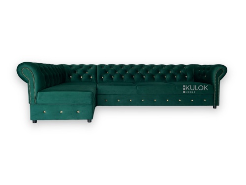 Butelkowa zieleń narożnik glamour chesterfield 300x180 cm, pikowany złotymi kryształami, Magic Velvet 2225, rozkładany z pojemnikiem.