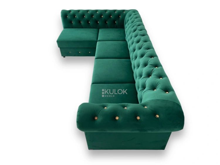 Narożnik chesterfield 300x180 cm rozkładany butelkowa zieleń.