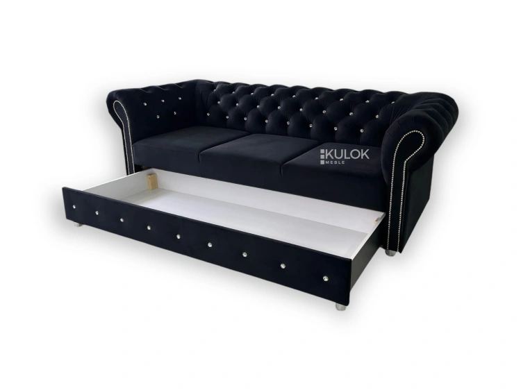 Stylowa sofa glamour Chesterfield do salonu z pojemnikiem na pościel