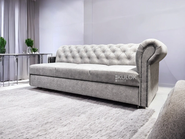 Szezlong Chesterfield 200cm w szarym welurze