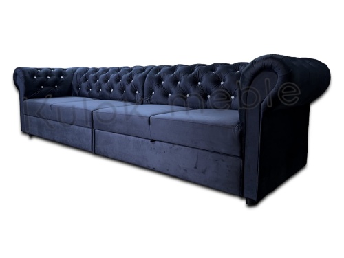 Luksusowa sofa 280cm ze spaniem 4 osobowa do salonu pokoju w granacie i kryształkami na oparciu.