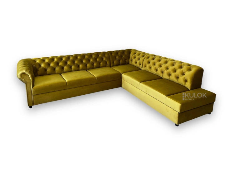 Elegancki narożnik Chesterfield w kolorze musztardowym Amor Velvet.