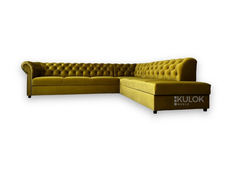 Duży narożnik Chesterfield Dubai Bis 300x260 cm w musztardowym velvet.
