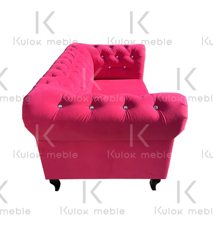 Dwuosobowa sofa chesterfield Lux, różowy fuksja Casablanca 2310, kryształy, czarne nóżki, 165 cm, eleganckie włoskie listwy srebrne, pianka HR
