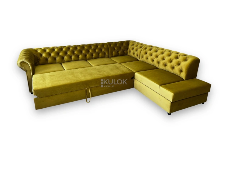 Narożnik symetryczny Chesterfield XXL z pojemnikiem na pościel.