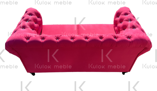 Sofa dwuosobowa chesterfield Lux, fuksja Casablanca 2310, pikowanie kryształami, czarne nogi, 165 cm, pianka HR, sprężyny faliste, drewno bukowe