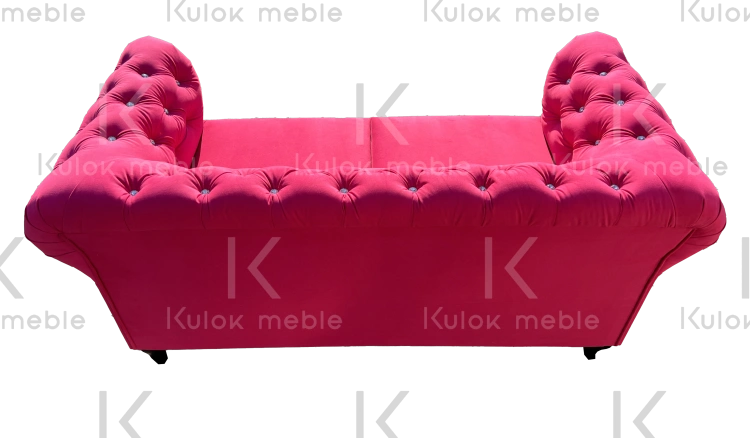 Sofa dwuosobowa chesterfield Lux, fuksja Casablanca 2310, pikowanie kryształami, czarne nogi, 165 cm, pianka HR, sprężyny faliste, drewno bukowe