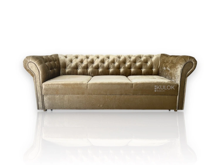 Welurowa sofa złota 3-osobowa z kryształowymi guzikami – Chesterfield