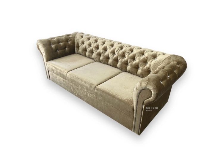 Luksusowa sofa złota 3-osobowa glamour – welurowa tapicerka z kryształkami