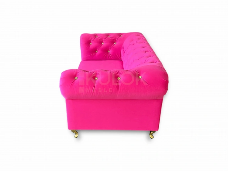 Sofa Chesterfield 2-osobowa - Różowa Fuksja Casablanca 2310, Pikowana Złotymi Kryształami, Efektowne Nogi Glamour Ludwik, 165 cm - KULOK MEBLE