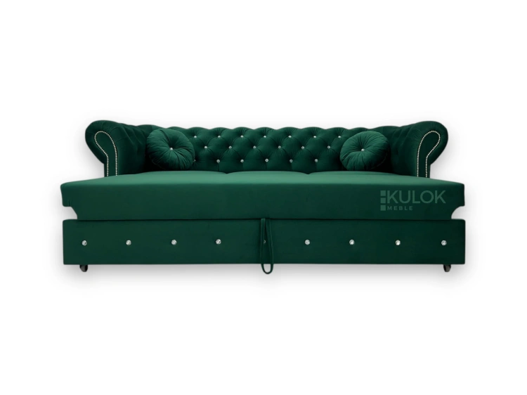 Sofa Chesterfield z kryształkami i ćwiekami Zielona Boho