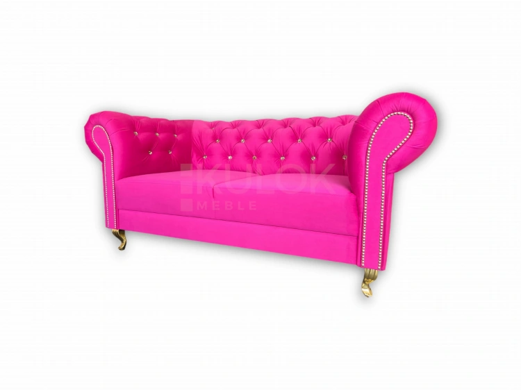 Elegancka Sofka Chesterfield Dwuosobowa - Różowa Fuksja Casablanca 2310, Głębokie Pikowanie Złotymi Kryształami, Złote Nogi Glamour Ludwik, 165 cm Szerokości.