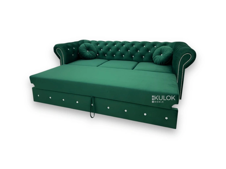 Zielona kanapa glamour Chesterfield z funkcją spania