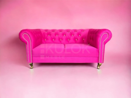 Stylowa Sofa Chesterfield Dwuosobowa w Różowej Fuksji - Casablanca 2310, Pikowana Głęboko Złotymi Kryształami, Złote Nogi Glamour Ludwik, 165 cm Szerokości.