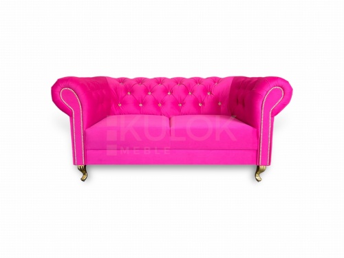 Nowoczesna Sofka Chesterfield - Różowa Fuksja Casablanca 2310, Złote Kryształy Pikowane Głęboko, Złote Nogi Glamour Ludwik, 165 cm Szerokości. - PRODUCENT MEBLI