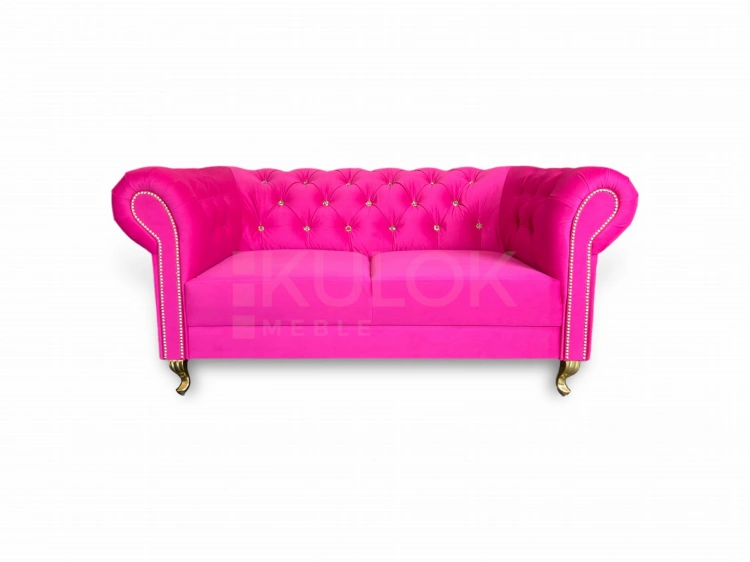 Nowoczesna Sofka Chesterfield - Różowa Fuksja Casablanca 2310, Złote Kryształy Pikowane Głęboko, Złote Nogi Glamour Ludwik, 165 cm Szerokości. - PRODUCENT MEBLI