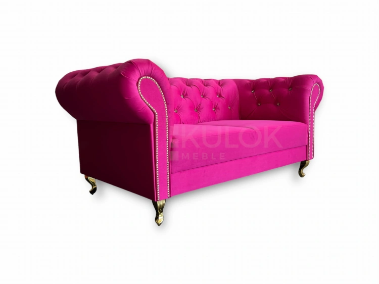 Ekskluzywna Sofa Chesterfield 2-osobowa - Różowa Fuksja Casablanca 2310, Pikowana Głęboko Złotymi Kryształami, Nogi Glamour Ludwik w Złocie, 165 cm Szerokości.