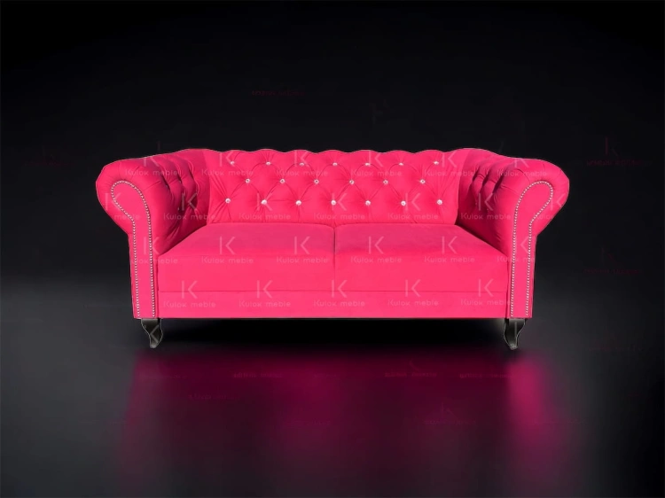 Sofa 2-osobowa chesterfield Lux, różowy fuksja Casablanca 2310 - kryształy, czarne nogi, 165 cm, włoskie listwy srebrne, pianka HR, sprężyny faliste