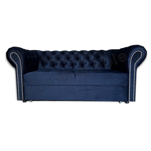 Sofa Chesterfield Fresh 36 - Rozkładana, Granat, Guziki, Czarne Nogi, Srebrne Listwy Chrom, 165 cm.