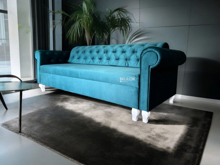 Elegancka sofa z funkcją spania - NEW YORK, białe drewniane nogi