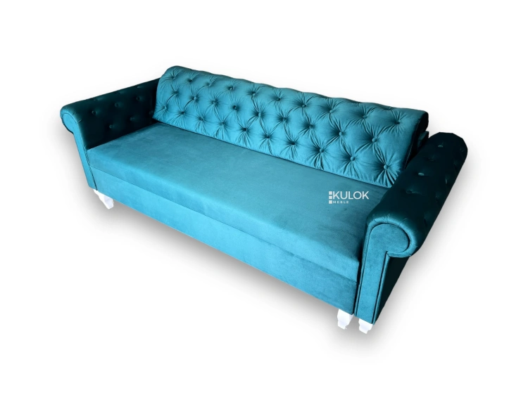 Nowoczesna sofa z funkcją spania - niebieska tkanina, białe nogi drewno ludwik