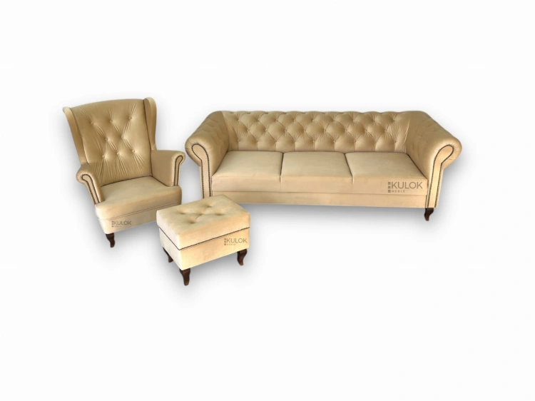 zestaw mebli Chesterfield: sofa, uszak i podnóżek