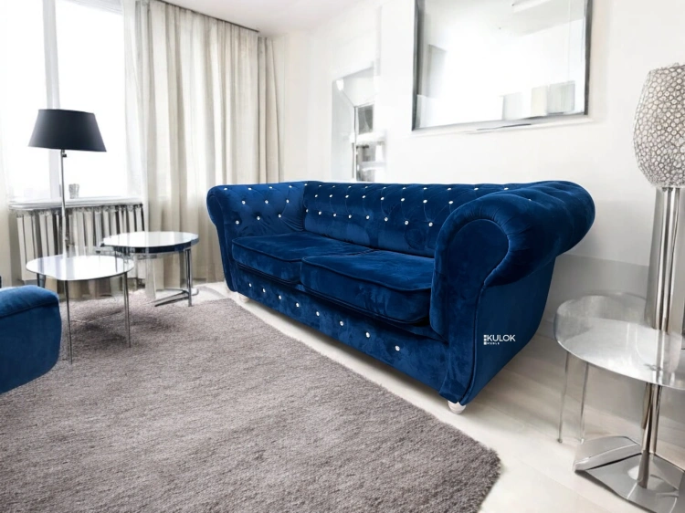 Granatowa sofa Chesterfield z funkcją spania, elegancki design Windsor