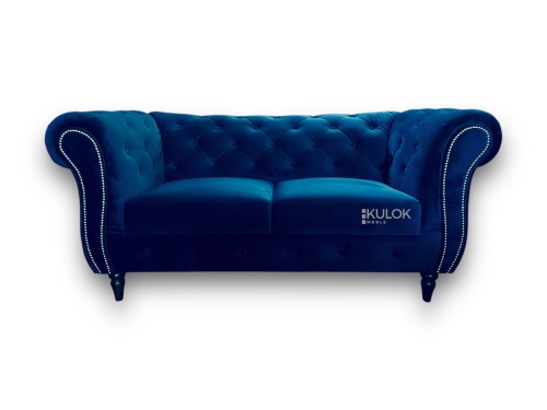 Luksusowa sofa Chesterfield Windsor 175 cm z aksamitnym velvetem w kolorze głębokiego granatu