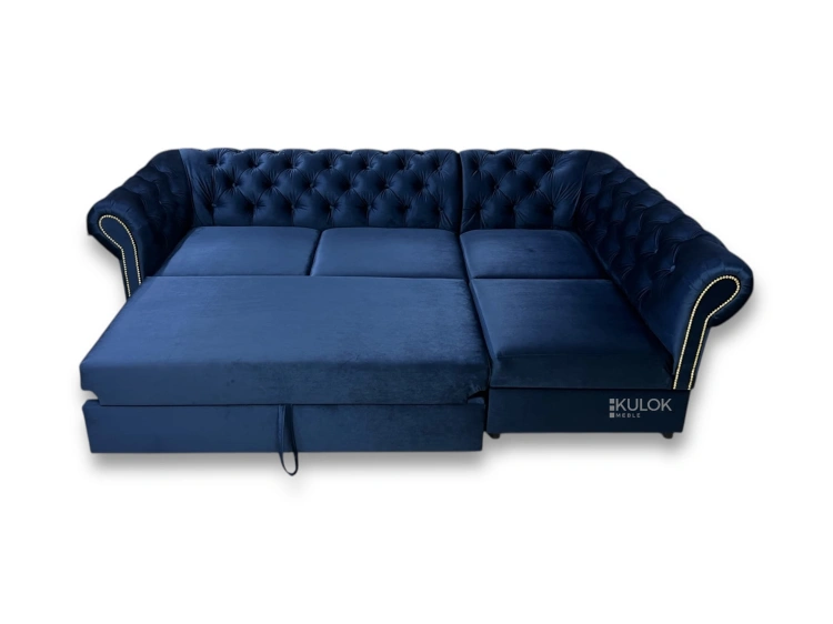 Narożnik 250x150 cm z funkcją spania w błyszczącym granatowym kolorze
