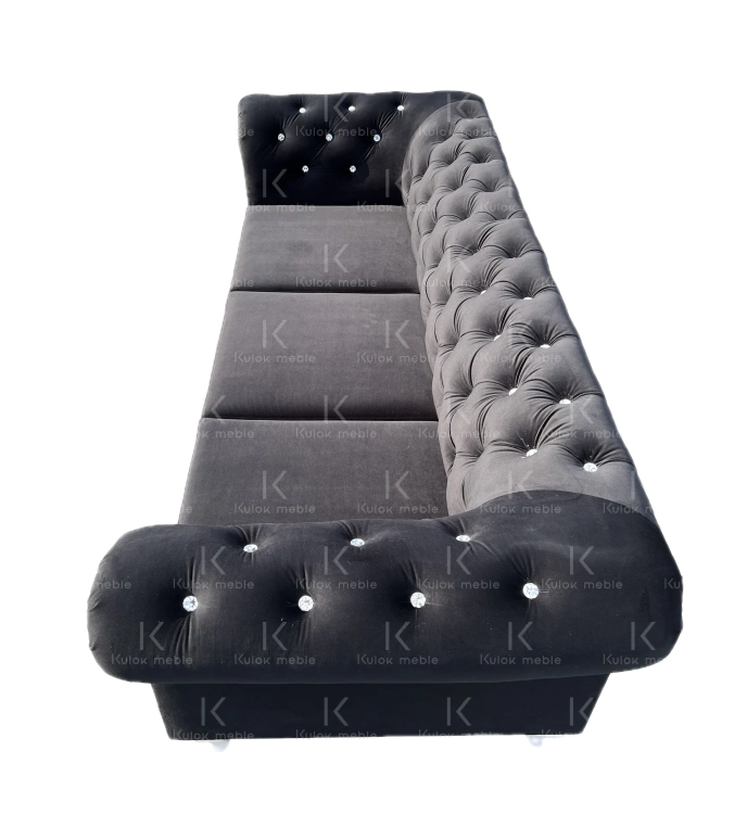 Czarna Amor Velvet 4322 - Pikowana Trzyosobowa Sofa Chesterfield z Kryształkami.