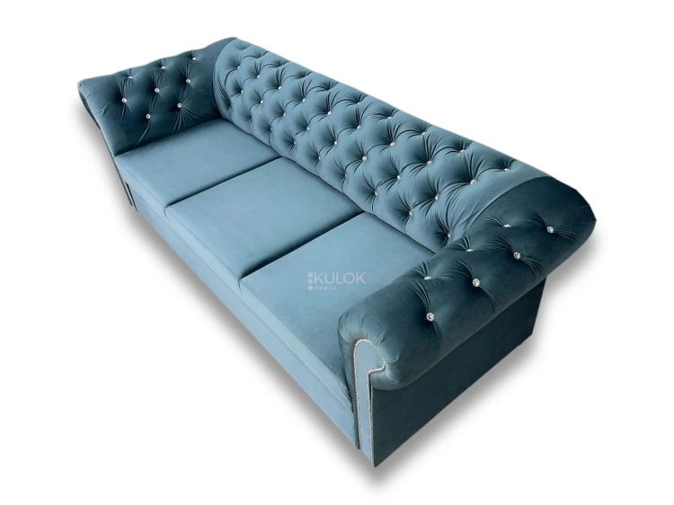 Błyszczący aksamit Ikoo w sofach Chesterfield – Sofa Tokio 225 cm
