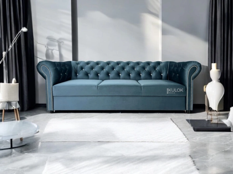Designerska Sofa Chesterfield z Kryształkami i Aksamitem – 225 cm