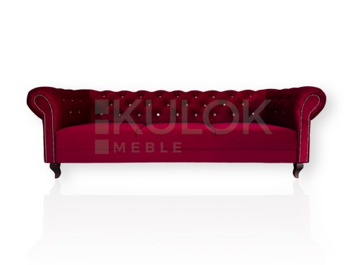 Elegancja i Komfort - Trzyosobowa Sofa Chesterfield w Królewskiej Czerwieni.